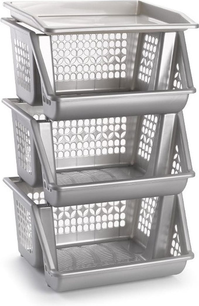 Plasticforte Opbergkrat - zilver - 3 vakken - 62 cm - Stapelkratten - Stapelbare manden