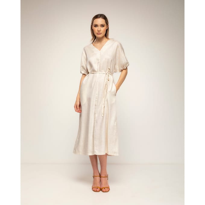 Oversized jurk met gerimpelde mouwen, V-hals en een losse ceintuur