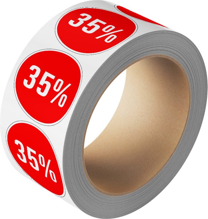Korting sticker 35% op rol 40 mm - 580 per rol