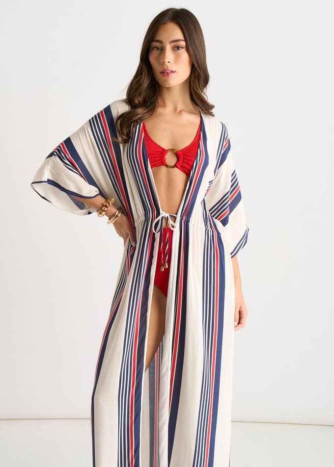 Kimono-strandkleding met streepjesmotief en stropdasdetail