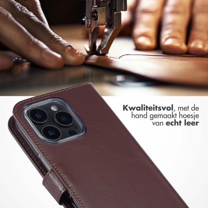 Selencia Hoesje - Geschikt voor Apple iPhone 16 Pro - Echt Lederen Bookcase - Bruin