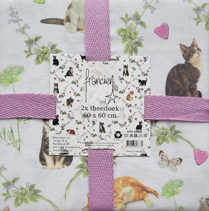 2 theedoeken Francien katten lila mintgroen 60x60 cm