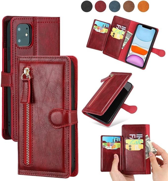 Bookcase Geschikt voor: iPhone 12 Pro Max met ritssluiting - Hoesje Flipcover - Magnetisch - 5 kaarten houder - Rood