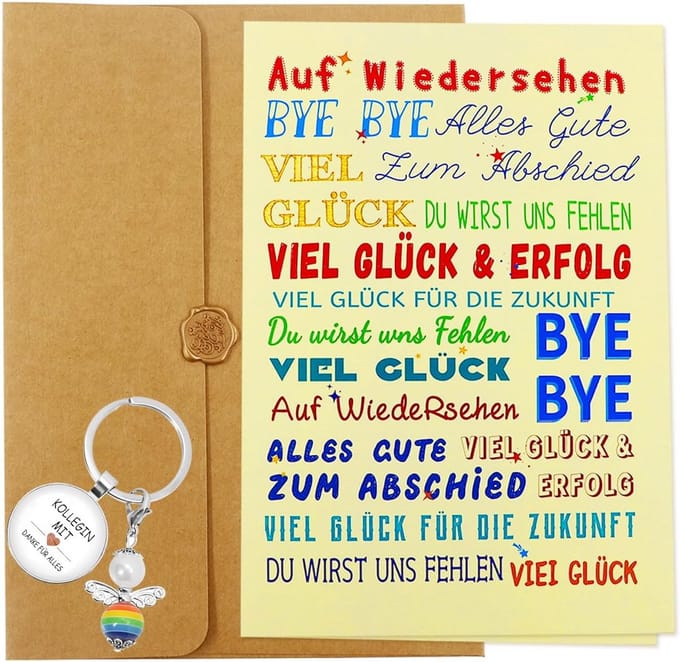 A4 afscheidskaart voor collega's met envelop, bedank sticker, en sleutelhanger – Perfect afscheidscadeau