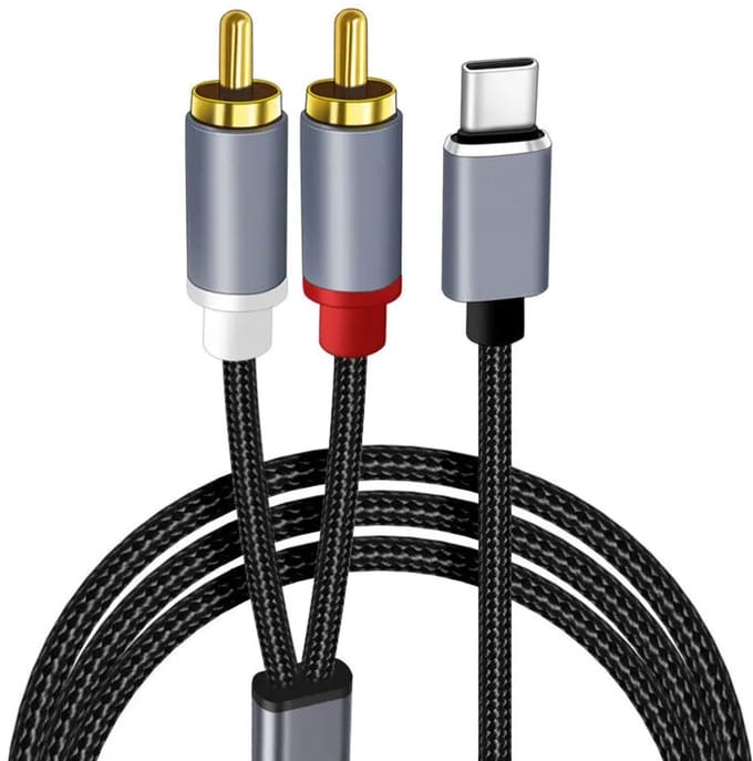 Nereb - USB-C naar RCA Audio Kabel met DAC Chip – Hi-Fi Geluid – 24bit / 96kHz – 1 Meter – Type-C naar 2x RCA (Tulp)