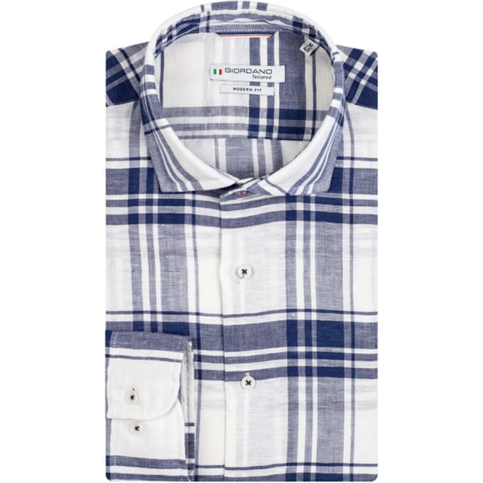 Giordano - Lange mouw overhemd - Heren - M - Blauw - Linnen - 317839