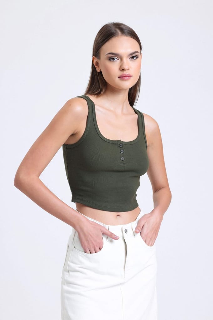 Kwarto hals Geribbelde Knop Tanktop
