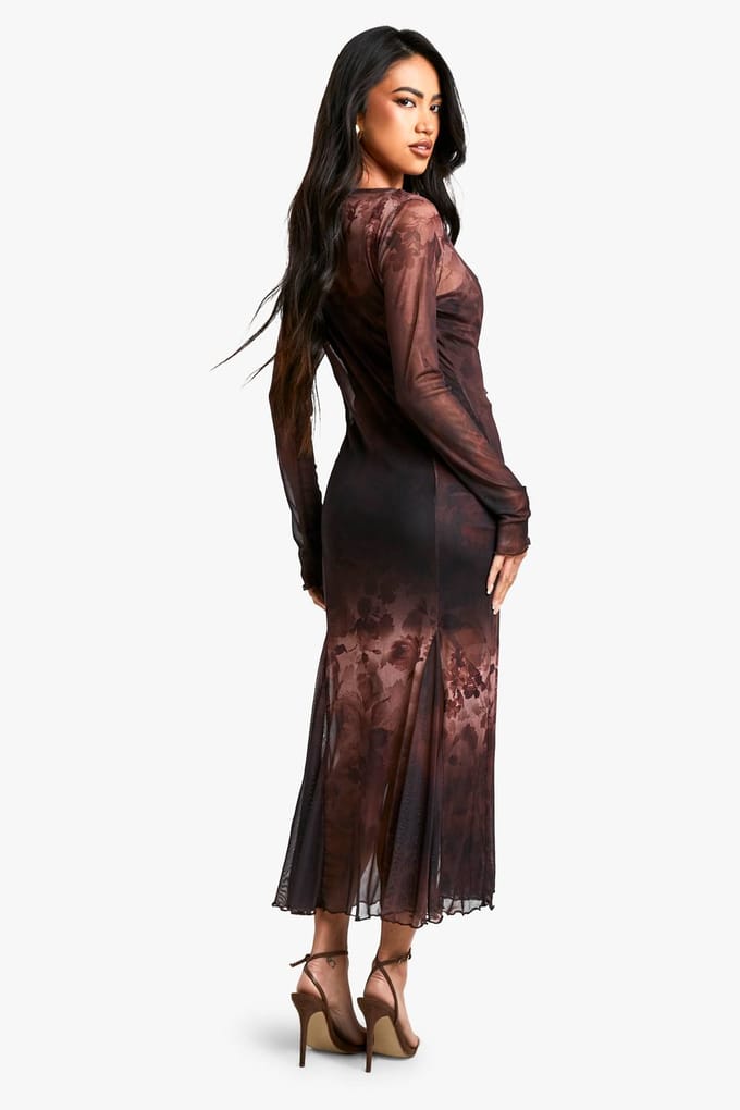 boohoo Dames Florale Godet-zoom Maxi Jurk | Brown | Maat: 10