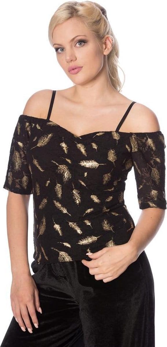 Dancing Days - SPARKLE FEATHER Top - Off shoulder - S - Zwart/Goudkleurig