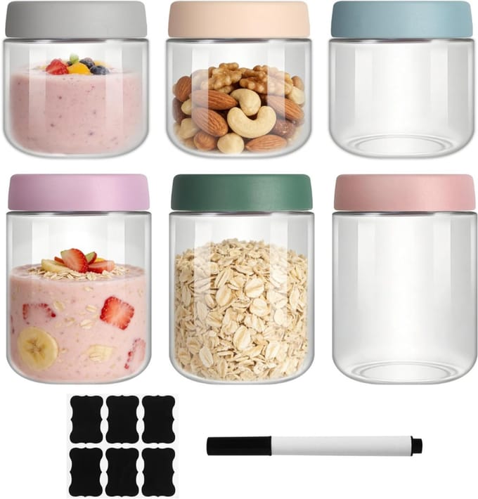SNJY® Overnight Oats Potjes - Glazen Potjes met Deksel - Mason Jar - Weckpot - 3x300 ML - 3x500 ML - Doorzichtig