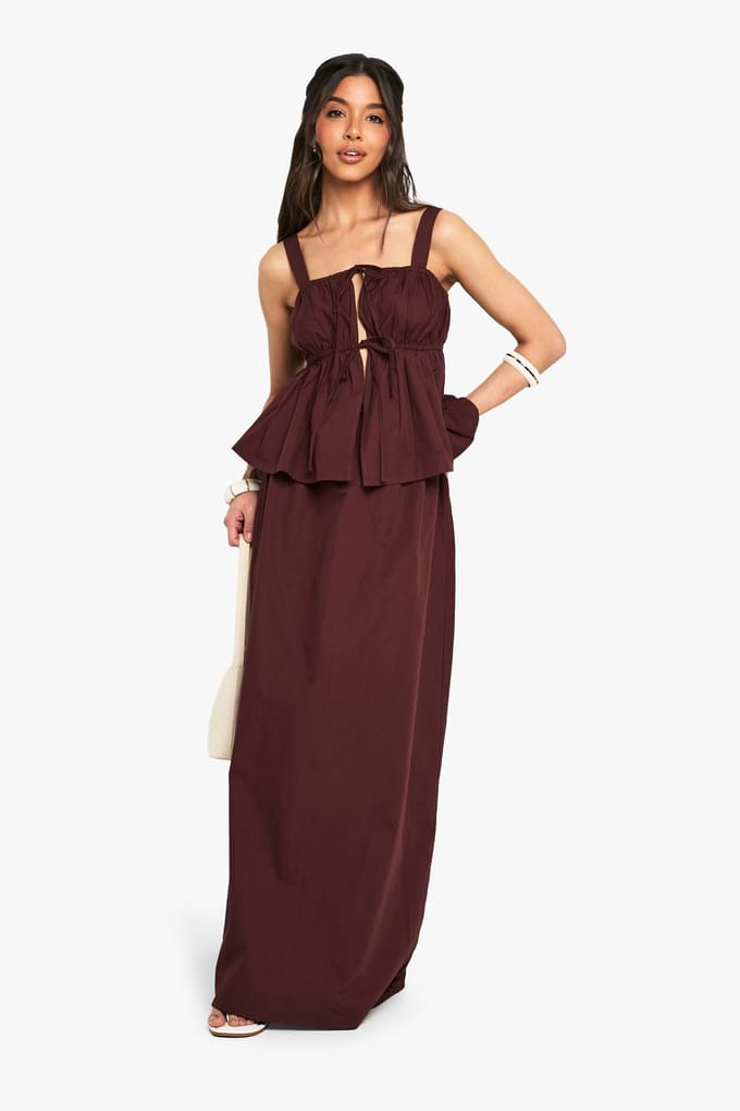 boohoo Dames Poplin Geruched Smock Cami | Chocolate | Maat: 8