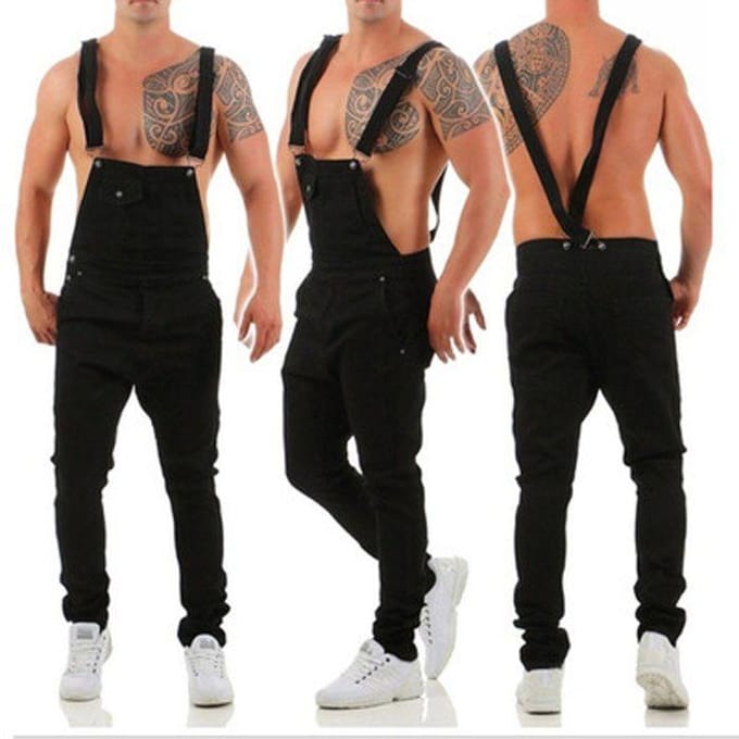 Jean à bretelles siamois coupe slim pour hommes M noir
