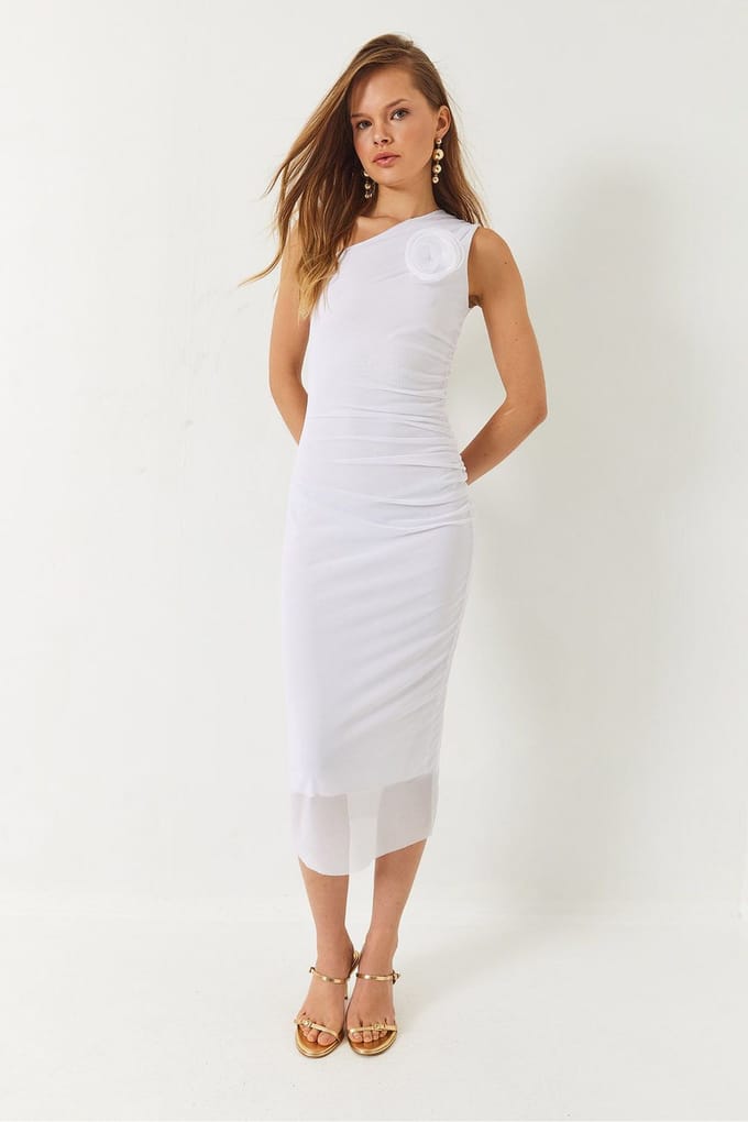 Asymmetrische Kraag Midi Jurk met Strik