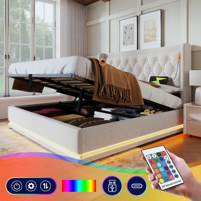 Gestoffeerd Tweepersoonsbed - 180x200 - Hydraulisch Opbergbed + USB-C + LED 3-zijdig - Katoen - Beige