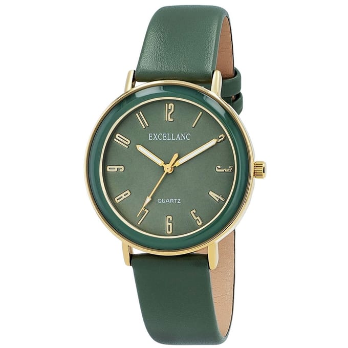 Excellanc-dameshorloge-olijf groen-goudkleurig-3 atm-diameter 39 mm