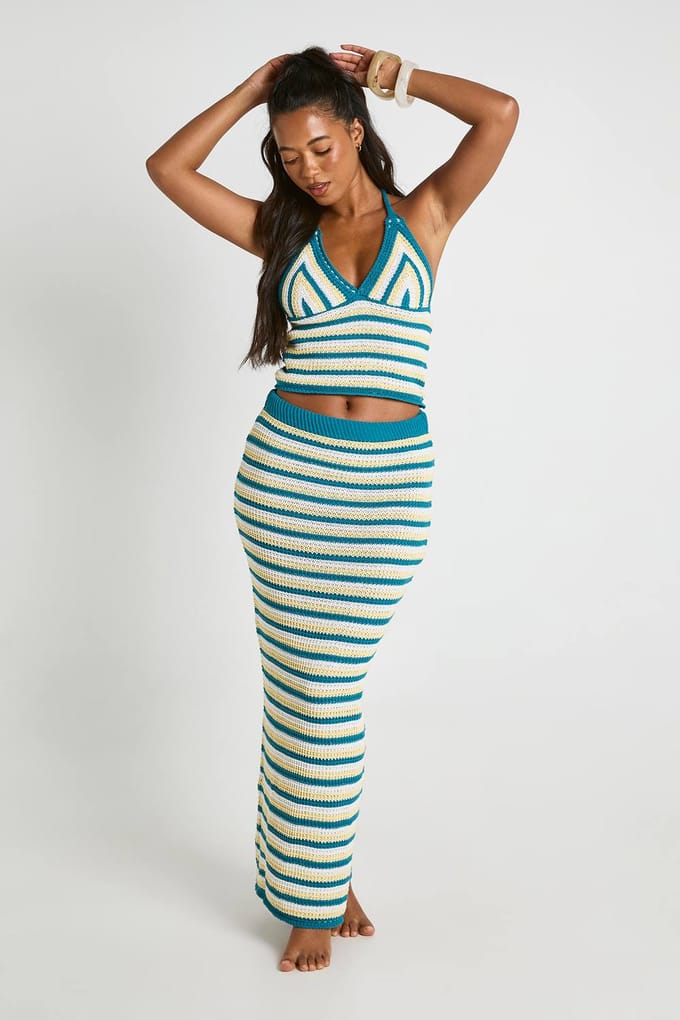 boohoo Dames Gestreepte Gehaakte Maxi Rok | Blauw | Maat: Medium