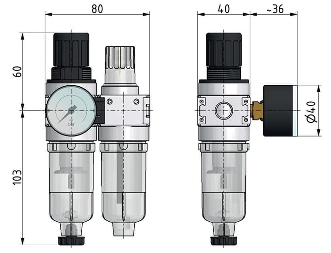 FRL 2-Delig G1/4'' 700l/min 0.5-10.0bar/7-145psi Auto 40 mm Manometer Polycarbonaat Multifix 0