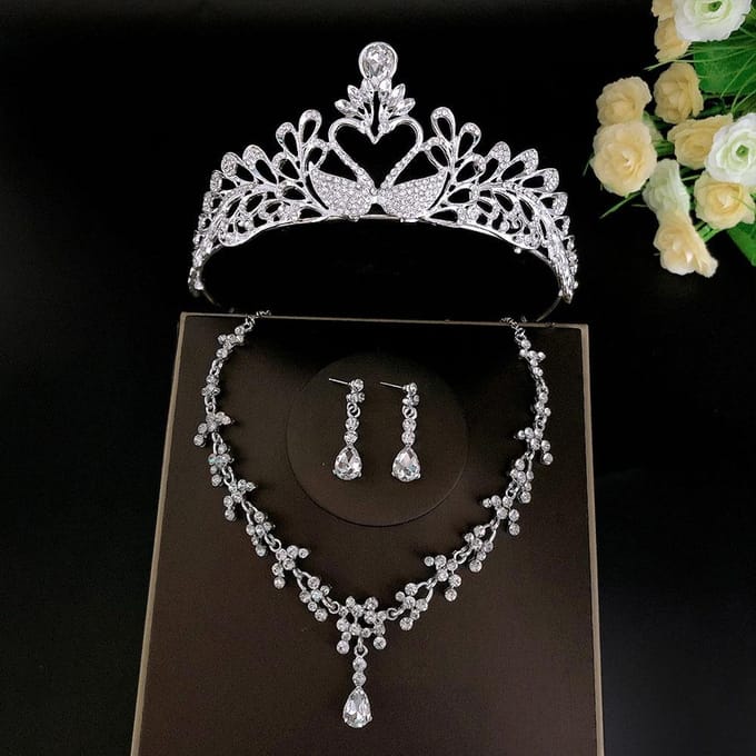 Couronne de mariée + Collier + Boucles d'oreilles Ensemble trois pièces combinaison black