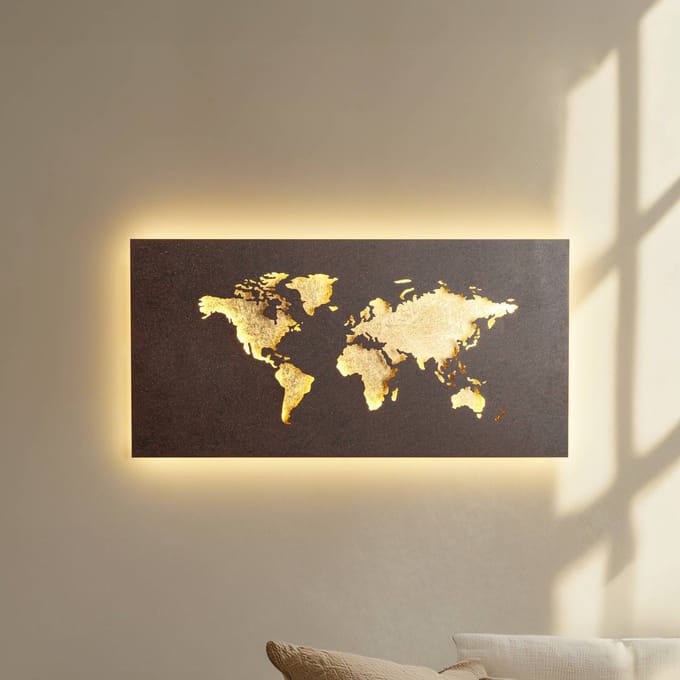 Lucande LED wandlamp World, roest/goud, 60 cm x 30 cm