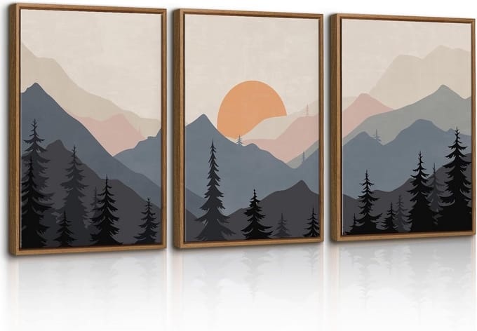 Set van 3 Ingelijste Canvas Schilderijen - Waterverf Berglandschap en Zonsondergang Kunstprints