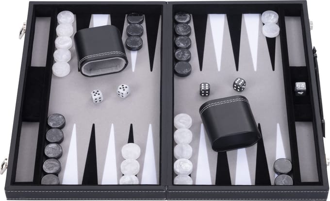 Backgammon 15 inch - Zwart, Wit & Grijs Ingelegd Bord - Kunstlederen Koffer met Handvat - Engelhart