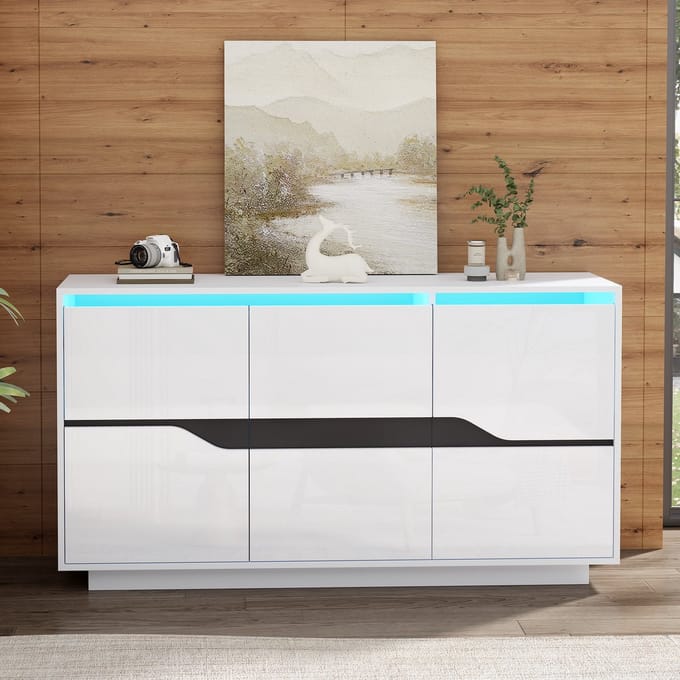 Sideboard - 140x40x70 cm wit/zwart - hoogglans & LED app - verstelbare planken - griffloze deuren