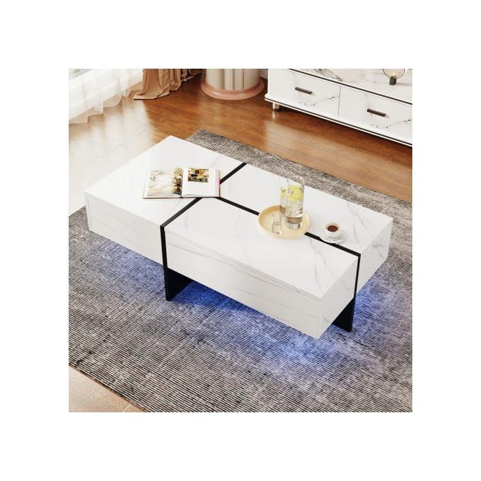 Table basse - MUVOE - Imitation marbre blanc - Éclairage LED - 3 tiroirs - 100x50x34.5 cm