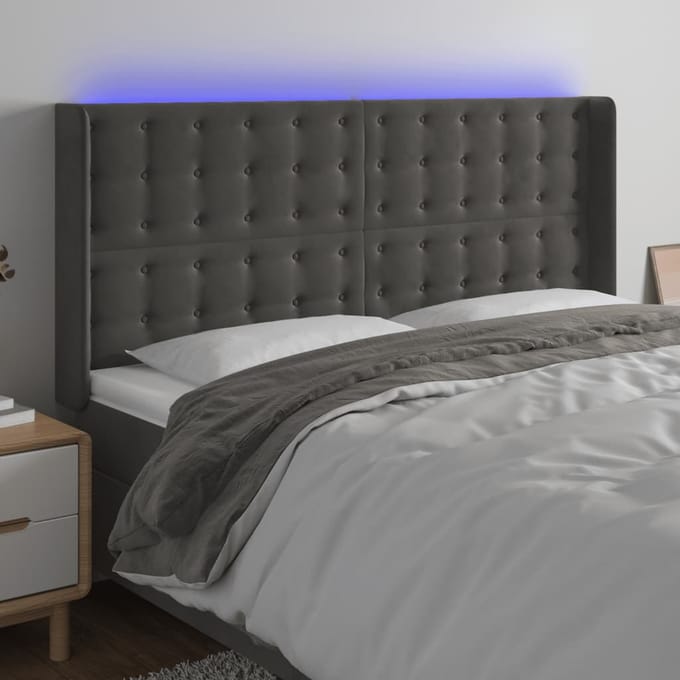 vidaXL - Hoofdbord - LED - 183x16x118/128 - cm - fluweel - donkergrijs