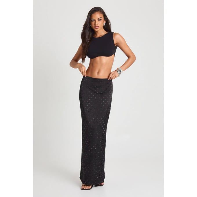 boohoo Dames Hotfix Low Rise Maxi Rok | Black | Maat: 16