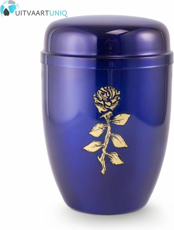 Bokaal urn blauw met roos - staal