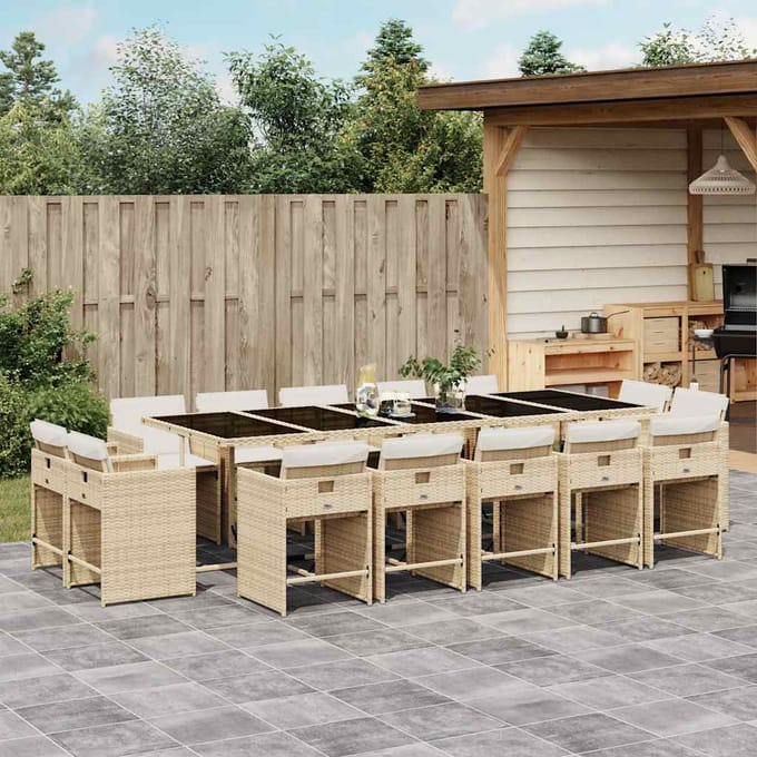 vidaXL - 15-delige - Tuinset - met - kussens - poly - rattan - beige