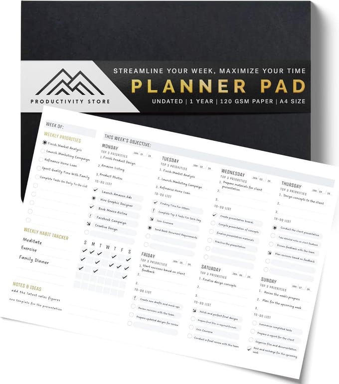 Bureauplanner - Weekplanner Scheurblok - Taken Beheren - Minimalistisch Ontwerp - A4 - Zwart