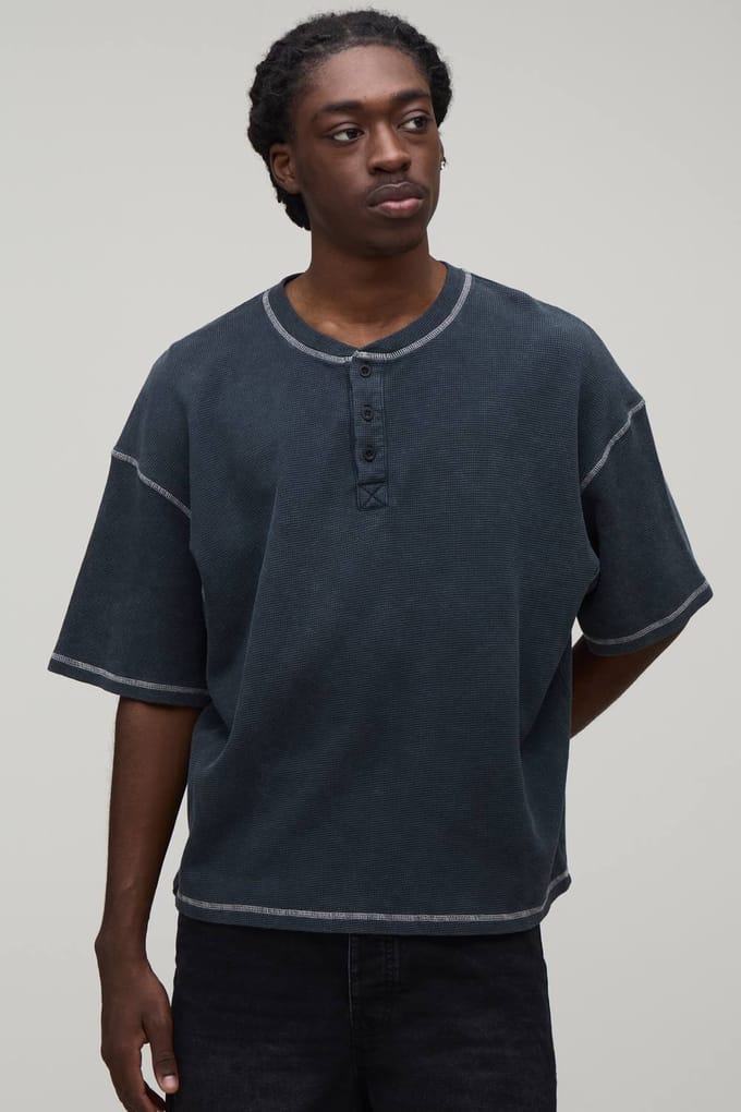 Oversized Boxy Acid Wash Waffle Henley T-Shirt | Charcoal | Size Medium