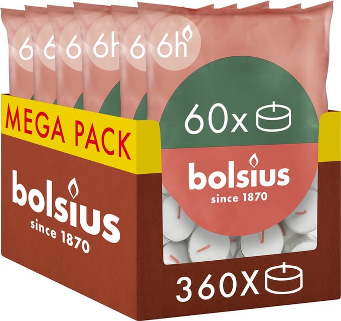 Bolsius - 360 Waxinelichtjes - Theelichtjes - 6 uur - Wit - 6 - Grootverpakking