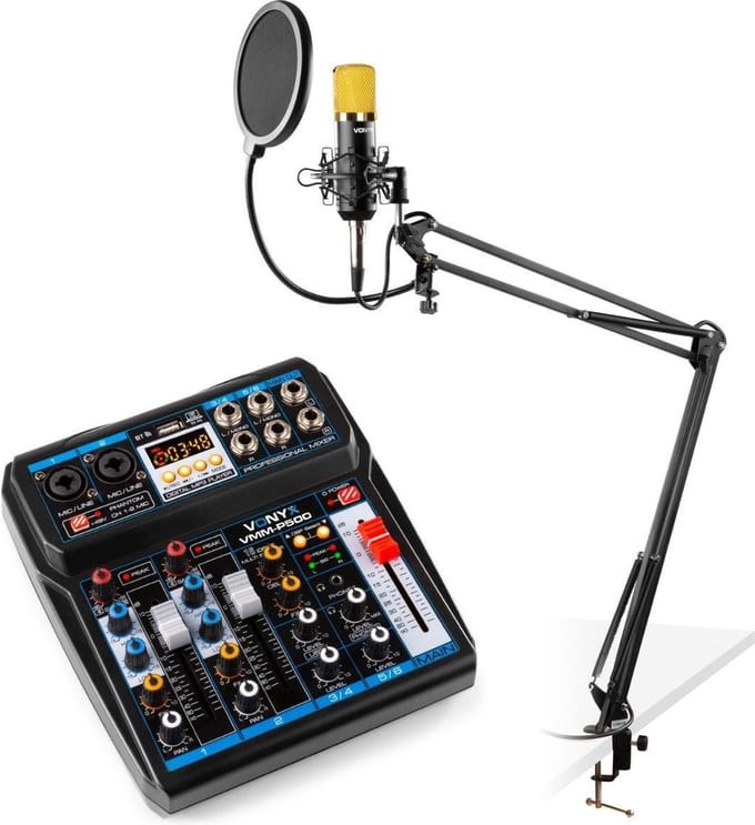 Podcast starterset - Vonyx podcast starterset met CMS400B studiomicrofoon met verstelbare microfoonarm en VMM-P500 USB mixer met Bluetooth - Complete set, plug-and-play!