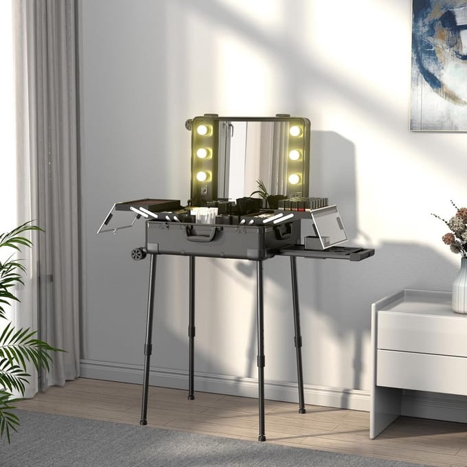 Make-uptrolley met aluminium frame, wielen en spiegel met licht