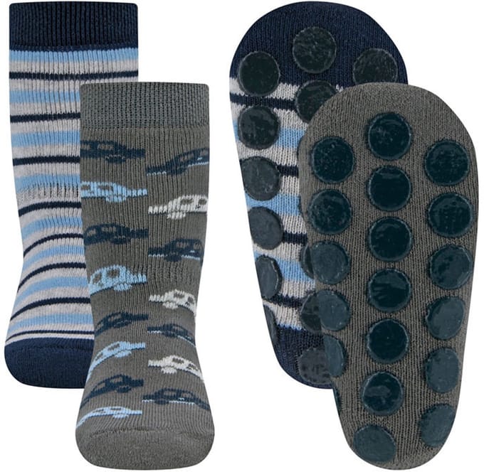 Antislipsokken Ewers - Set 2-Pack -Grijs/Blauw met Autos & Strepen - Elastisch - Noppenzool-31/34
