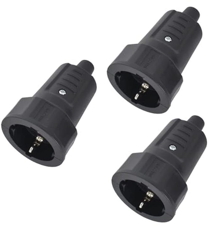 Schuko Connector Koppelset - Geaarde Rubberen Koppeling - Elektrische Aansluitingen - IP44 Spatwaterdicht - 3 Stuks - Zwart