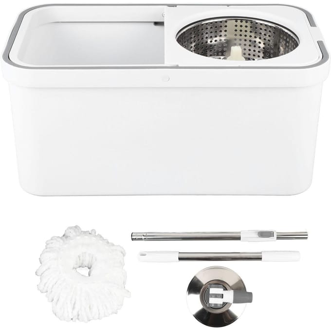 Seau à Mopette Rotative avec Essoreuse Set Mopette Rotative à 360 Degrés Système de Nettoyage de Sol avec Microfibre white