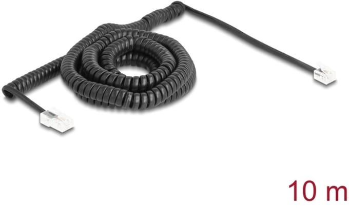 Delock Telephone Cable / Coiled Cable RJ11 plug to RJ45 plug black 10 m