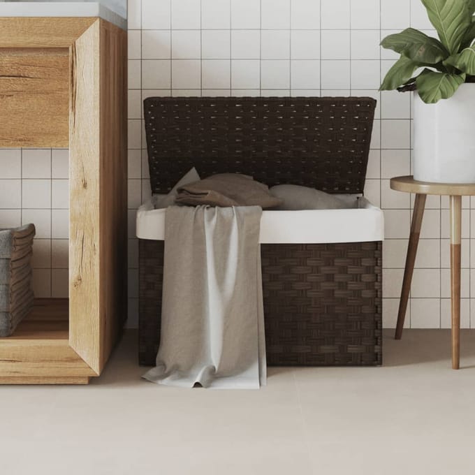 vidaXL - Wasmand - met - deksel - 55,5x35x34 - cm - poly - rattan - donkerbruin
