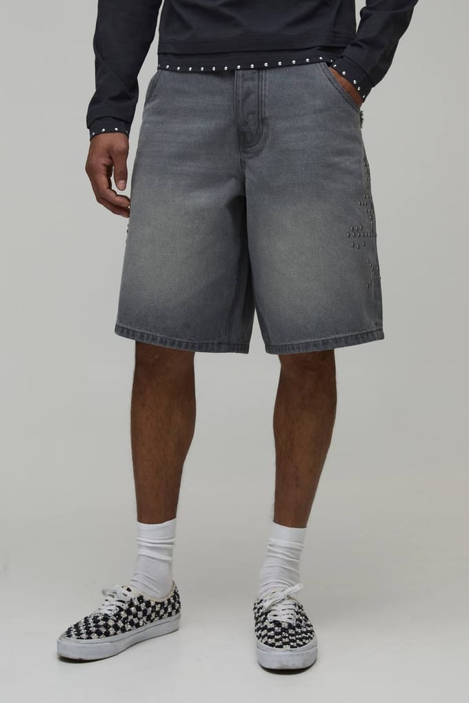 Wijde Stijve Versierde Distressed Denim Shorts Met Zakdetail | Grey | Size 36