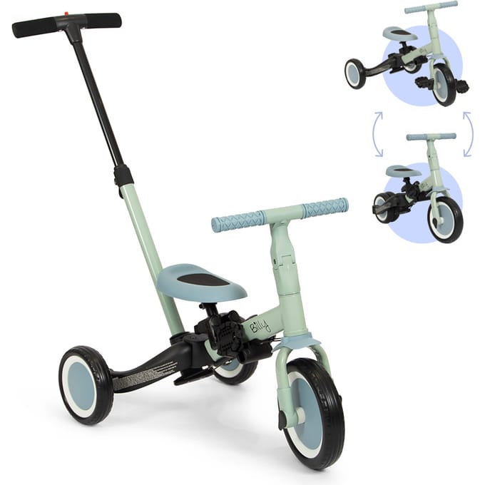 Billy Gio 4-in-1 Kinderfietsje met Duwstang - Blauw/Groen - 1.5 tot 5 jaar