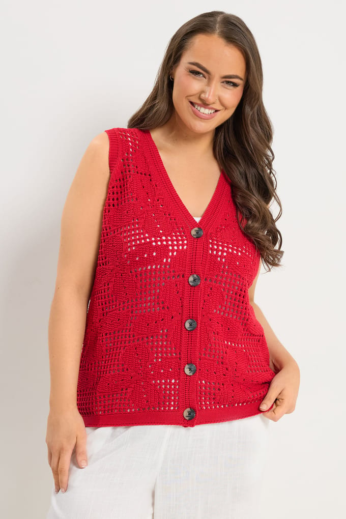 Yours Rood Gehaakt Gilet Size 42-44