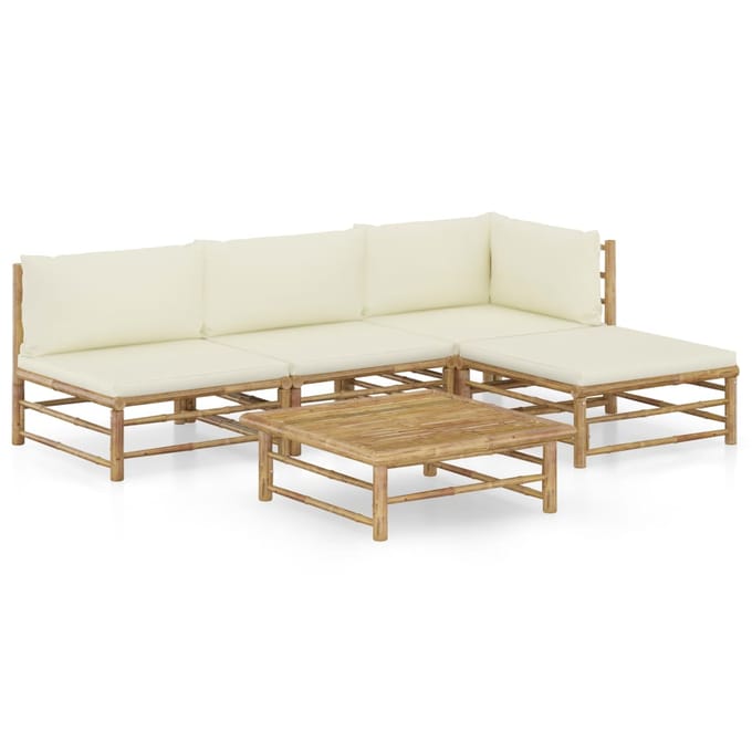 vidaXL - 5-delige - Loungeset - met - crèmewitte - kussens - bamboe
