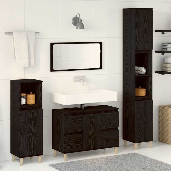 vidaXL - Badkamermeubel - Set - 3 - st - Zwart - Eiken - Samengesteld - Hout - en - Metaal