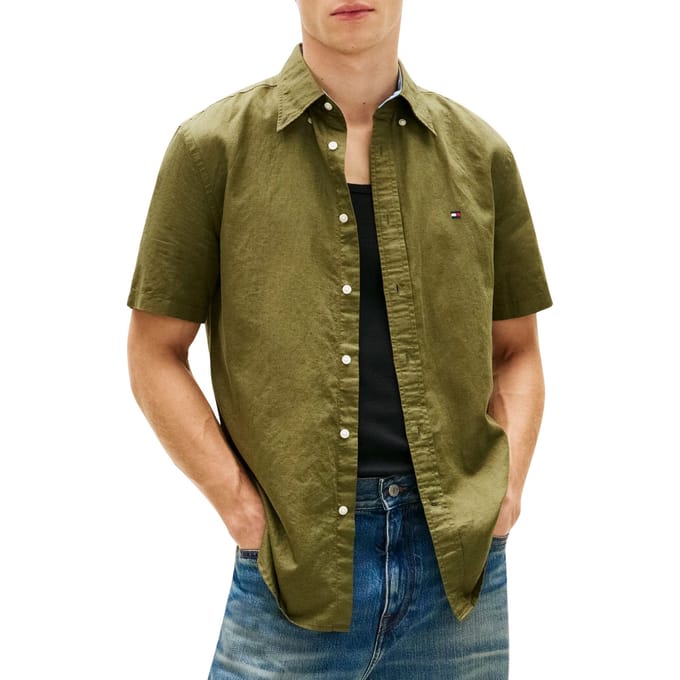 Tommy Hilfiger Linen Blend Solid Ss Shirt Dark Artichoke Größe: S | Casual hemden Outlet | Herren | Weiß