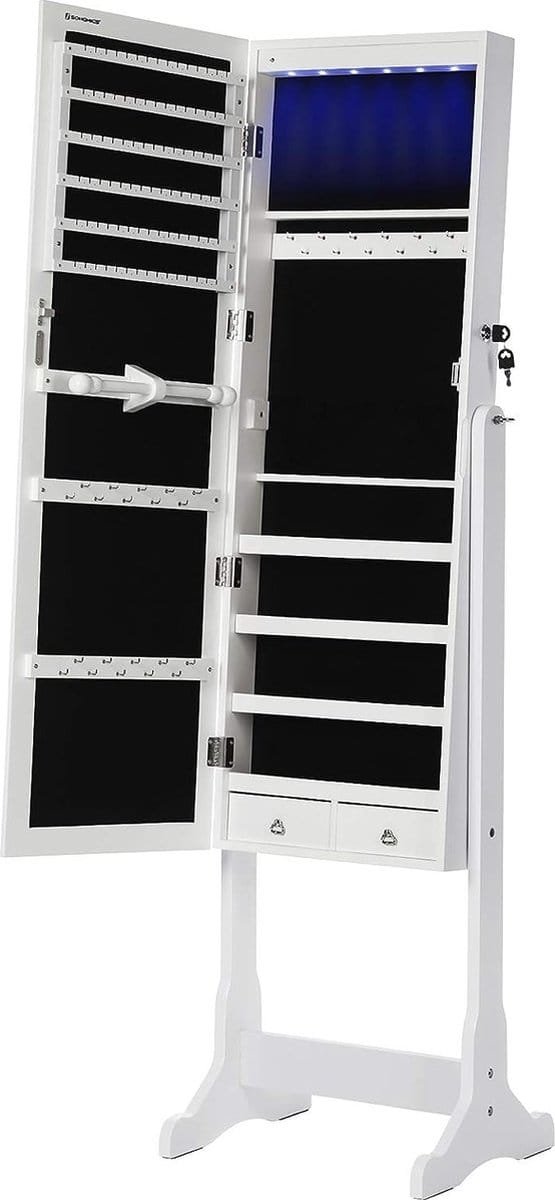 FurnStar - LED verlichting sieradenkast - Spiegel met 5 planken - 2 Kleine lades afsluitbaar - 150 cm - Wit