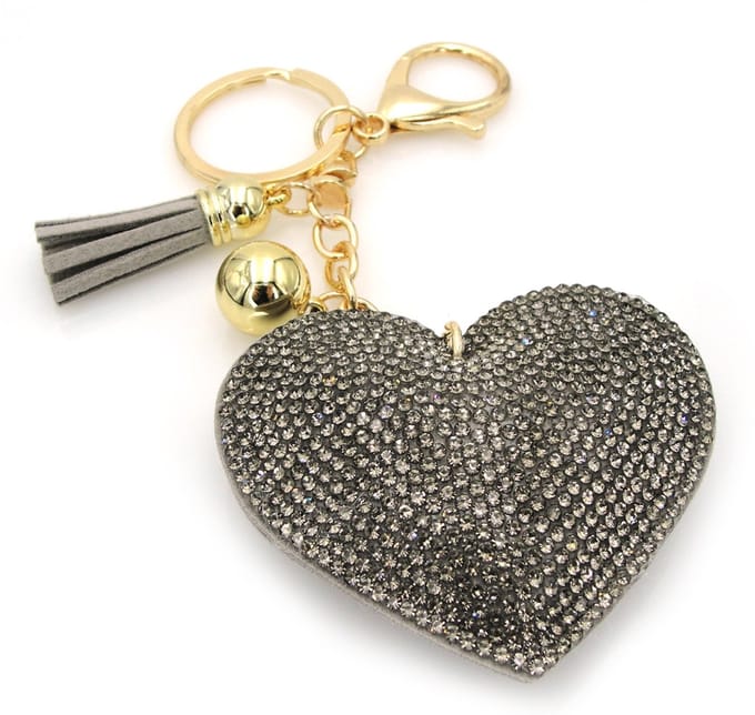 Sleutelhanger Tashanger met groot grijs-bruin hart met strass