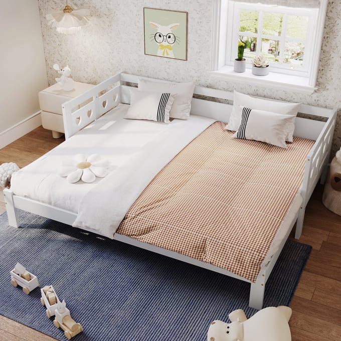 REDOM Bedbank – Uitschuifbaar 98-187x196 cm – Met hartvormig design – Massief grenenhout – Wit